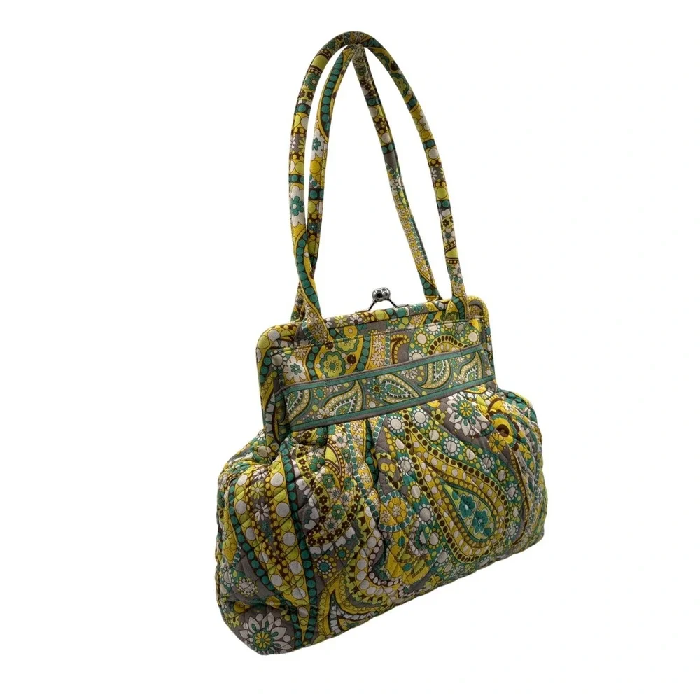 Vera‎ Bradley Frame Bag Womens Medium Yellow Green Paisley Excellent Kiss Lock